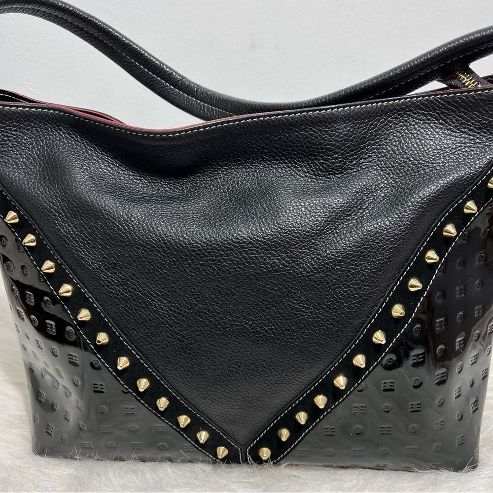 NWT Arcadia Made in Italy Black Patent‎ Leather Gold Studded Bag - Picture 8 of 15